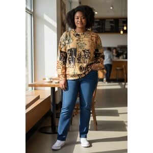 Womens Graphic Print Long Sleeve Sweatshirt Jazz Music Art Tan Size L